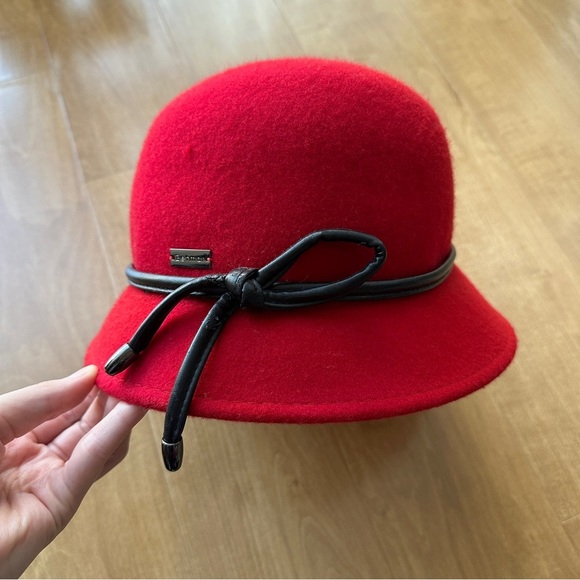 Betmar Women’s Valerina Red Wool Hat with Black Leather Bow
